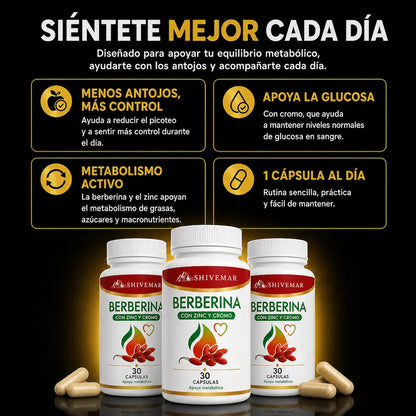 Berberina con Zinc y Cromo – Control de Glucosa, Metabolismo y Peso - 1+1 GRATIS