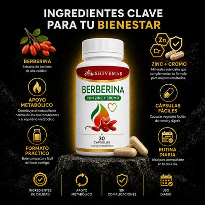 Berberina con Zinc y Cromo – Control de Glucosa, Metabolismo y Peso - 1+1 GRATIS